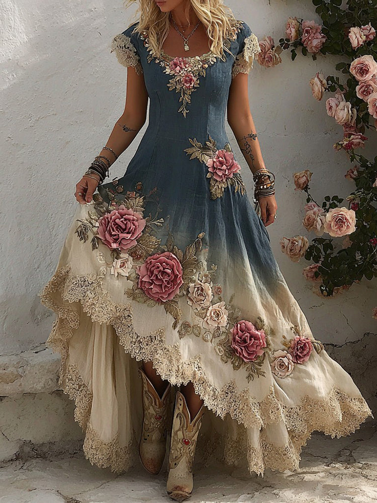 Women's Bohemian Pink Rose Patchwork Art Short Sleeve Maxi Dress