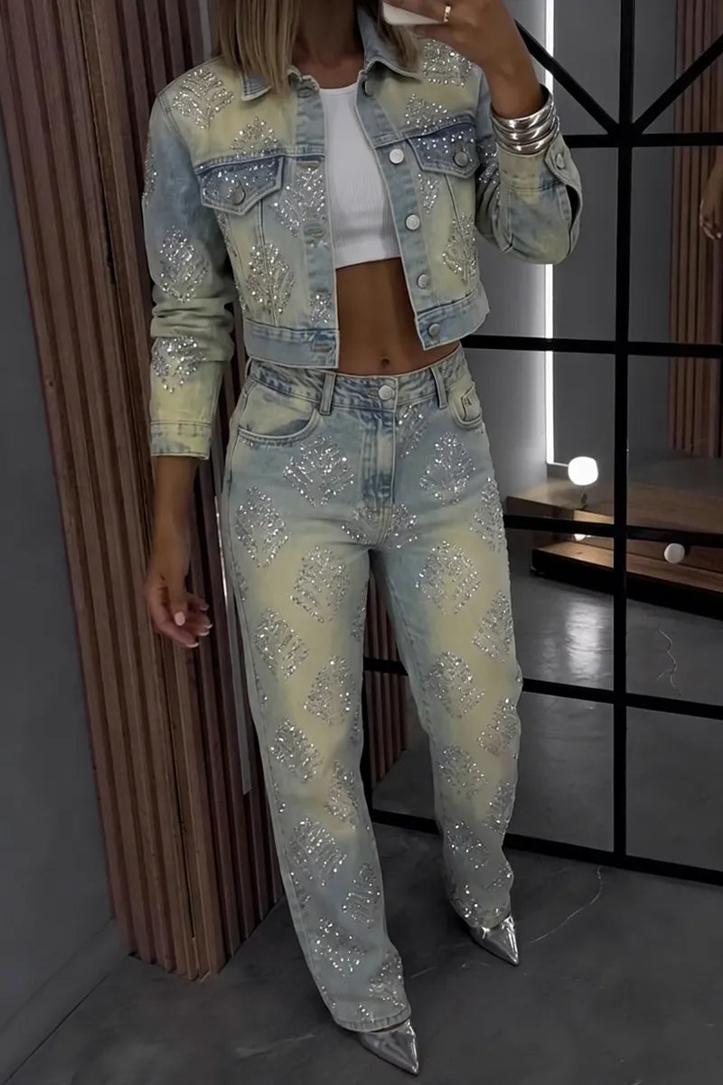 Ladies' Casual Rhinestone Denim Jacket And Straight Leg Jeans