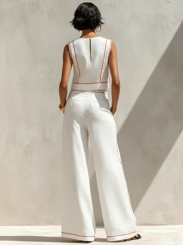 Women's Minimalist Linen-Blend Blouse & Wide-Leg Pants Set