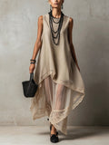 Light Khaki Sleeveless Two-Layer Sheer Lace Trim Maxi Dress