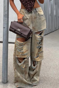 Women Vintage Ripped Casual Wide Leg Jeans