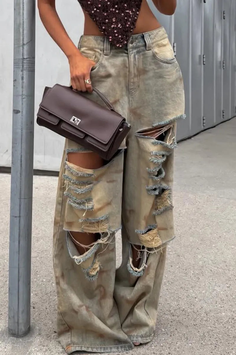 Women Vintage Ripped Casual Wide Leg Jeans
