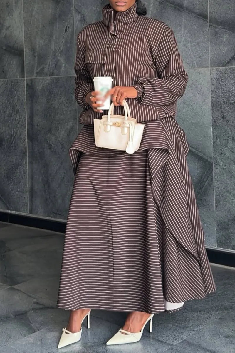 Women Stand Up Collar Vertical Patterned Jacket + Patchwork Skirt Elegant Temperament Set