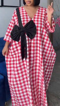 Women V-neck Plaid Bow Decoration Casual Dress