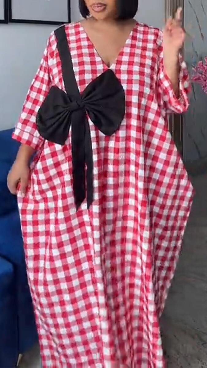 Women V-neck Plaid Bow Decoration Casual Dress