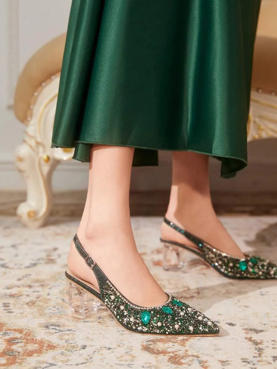 Crystal Heel Pointed Toe Slingback Pumps