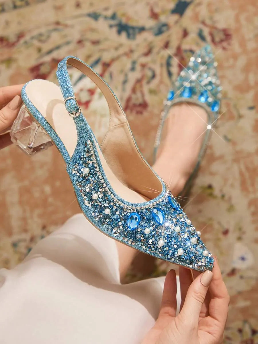 Crystal Heel Pointed Toe Slingback Pumps