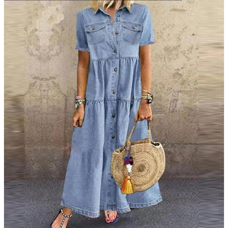 Ladies' Lapel Patchwork Buckle Printed Casual Dress