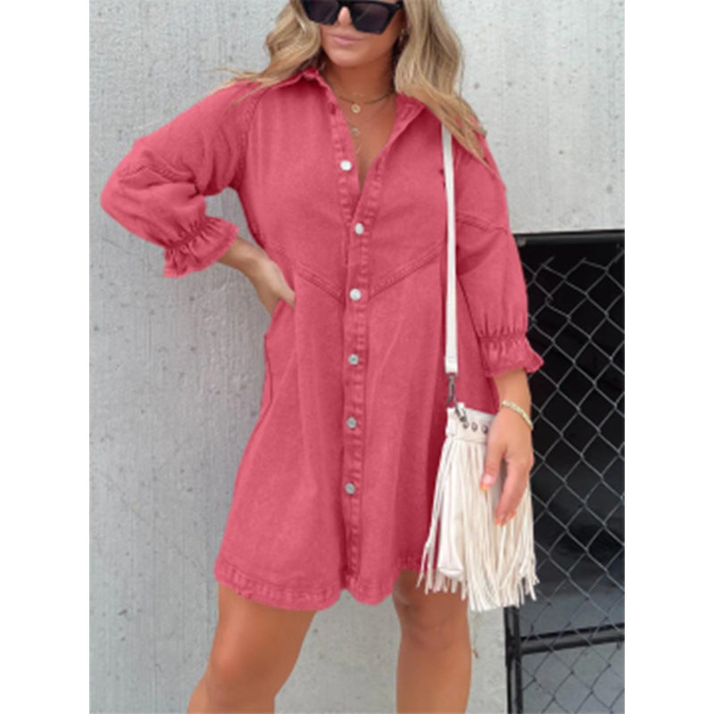 Ladies' Lapel Buckle Lantern Sleeves Casual Dress