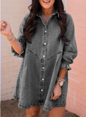 Ladies' Lapel Buckle Lantern Sleeves Casual Dress