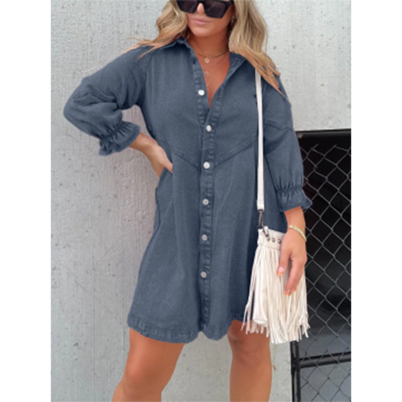 Ladies' Lapel Buckle Lantern Sleeves Casual Dress