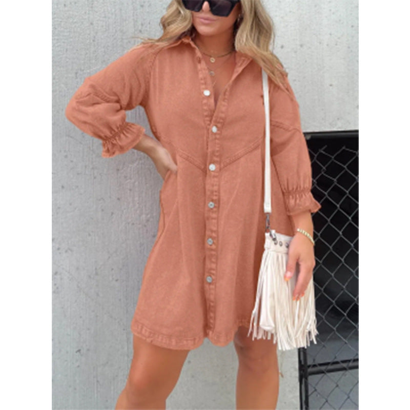 Ladies' Lapel Buckle Lantern Sleeves Casual Dress