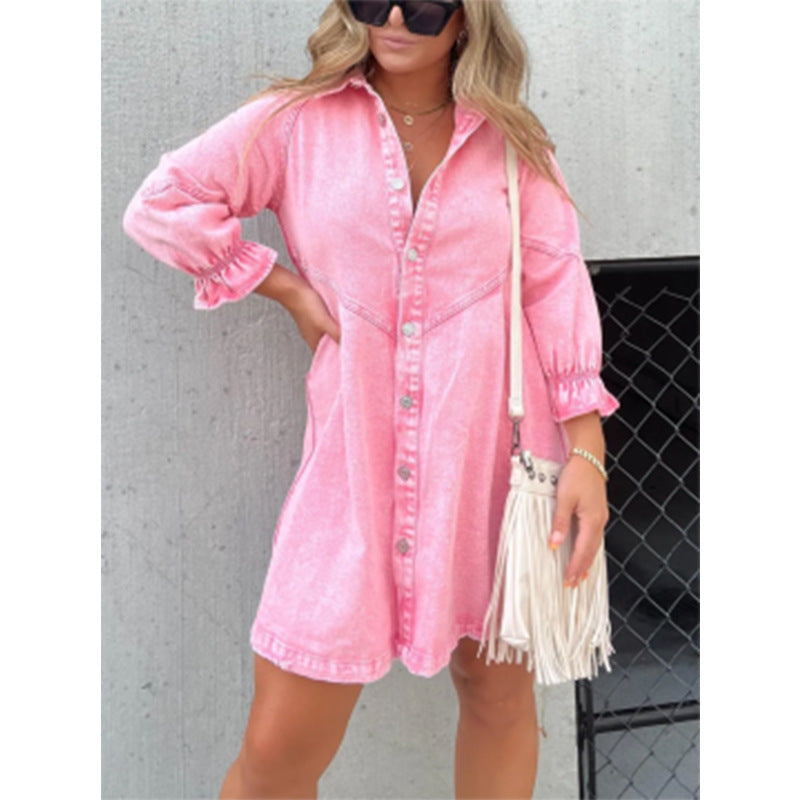 Ladies' Lapel Buckle Lantern Sleeves Casual Dress