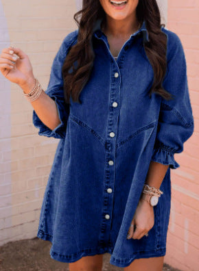 Ladies' Lapel Buckle Lantern Sleeves Casual Dress