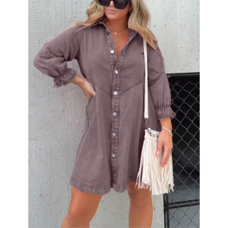 Ladies' Lapel Buckle Lantern Sleeves Casual Dress