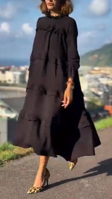 Ladies' Round Neck Solid Color Splicing Casual Loose Fit Dress