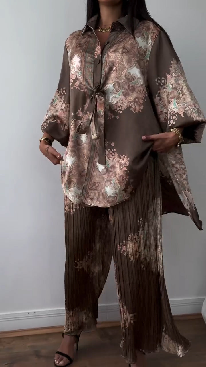 Ladies' Collar Printed Top+ Pleated Pants Casual Set