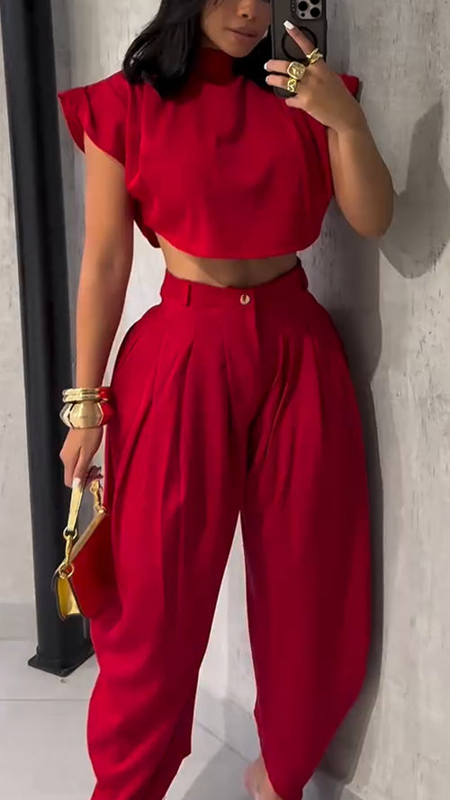 Ladies Round Neck Solid Color Temperament Casual Suit