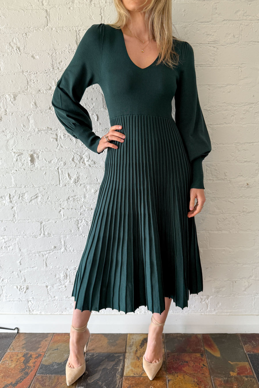 Ladies U-neck Patchwork Pleated Elegant Casual Dress