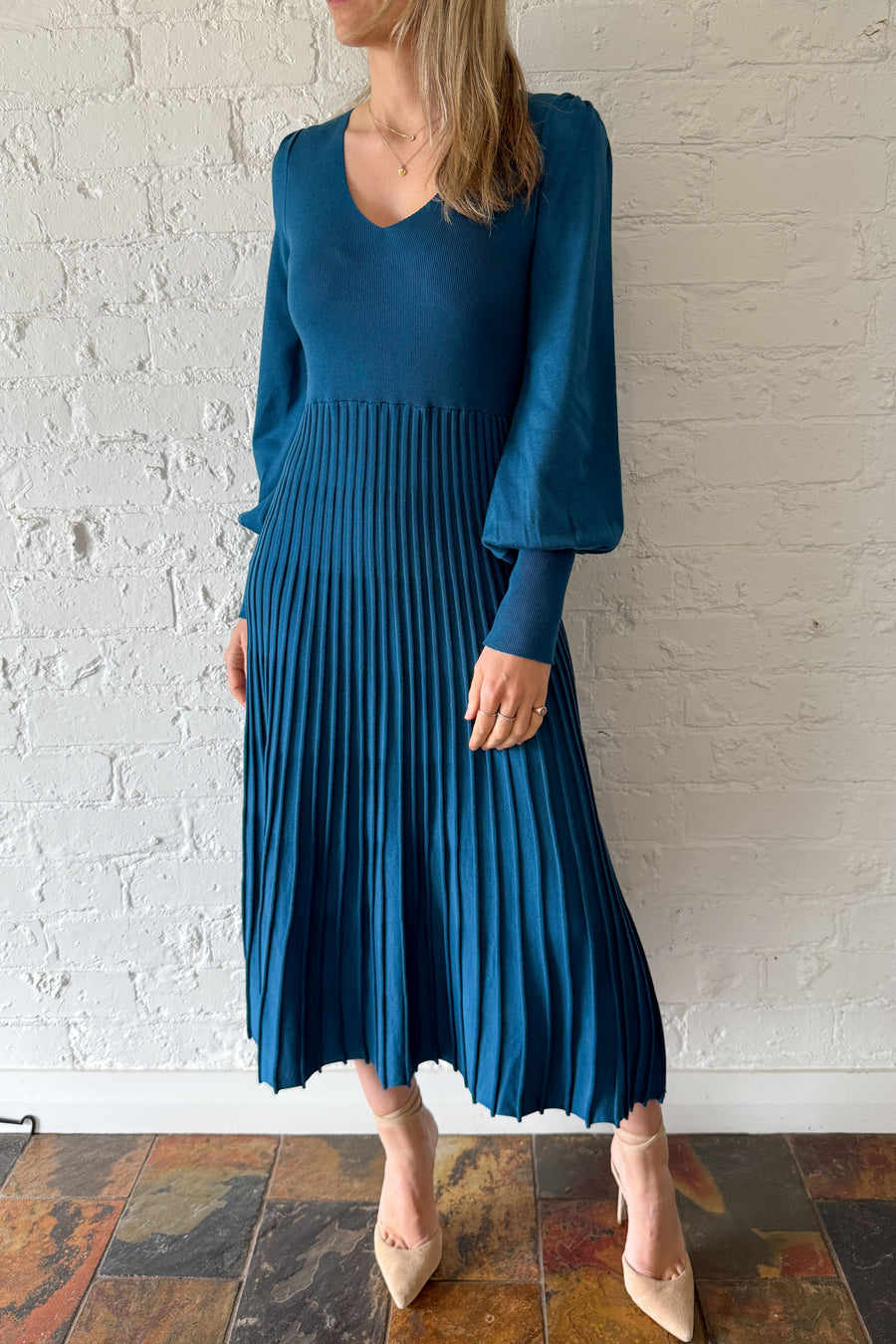 Ladies U-neck Patchwork Pleated Elegant Casual Dress