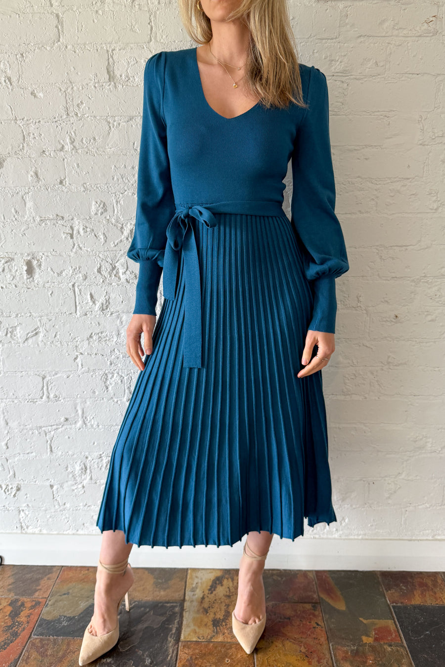 Ladies U-neck Patchwork Pleated Elegant Casual Dress