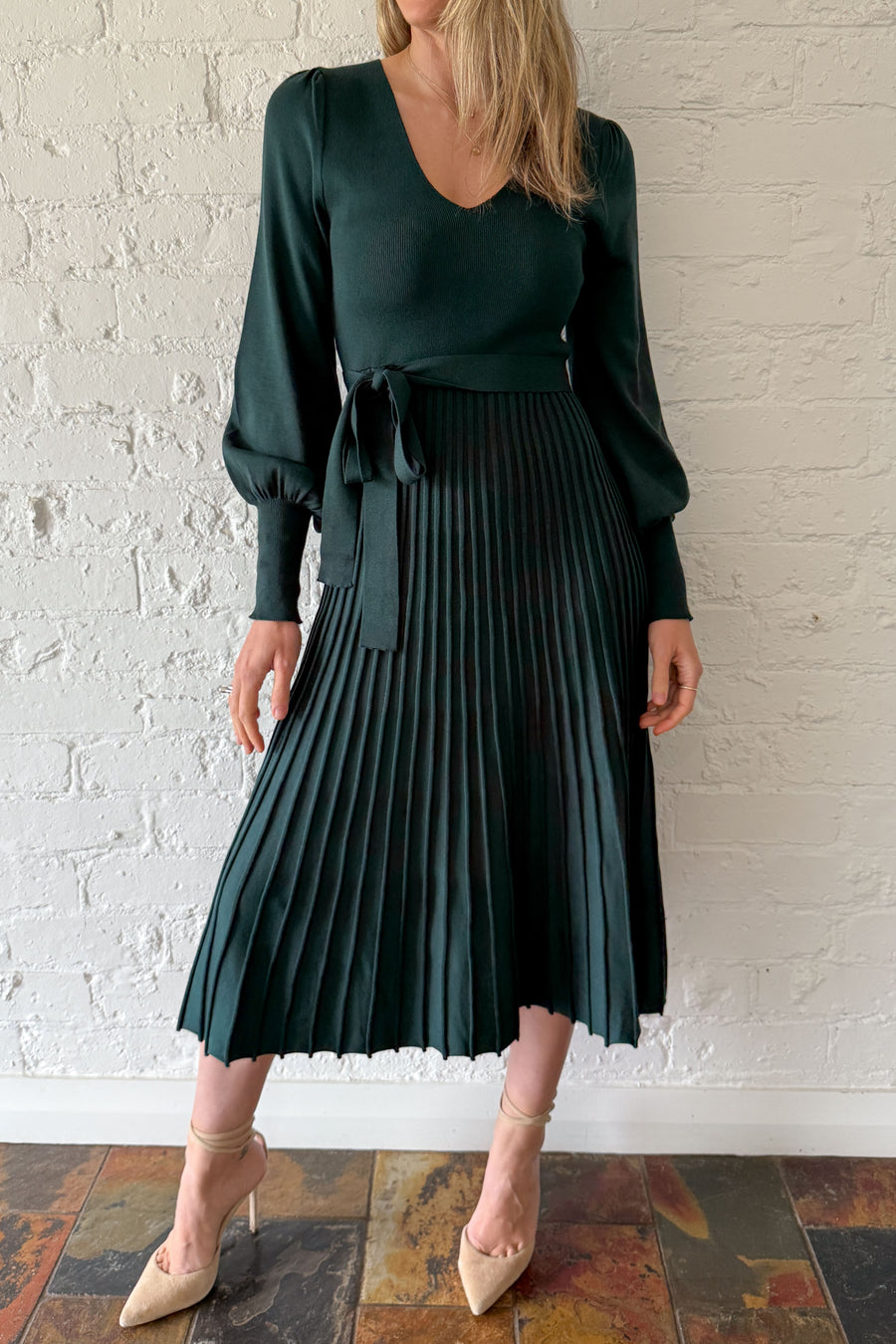 Ladies U-neck Patchwork Pleated Elegant Casual Dress