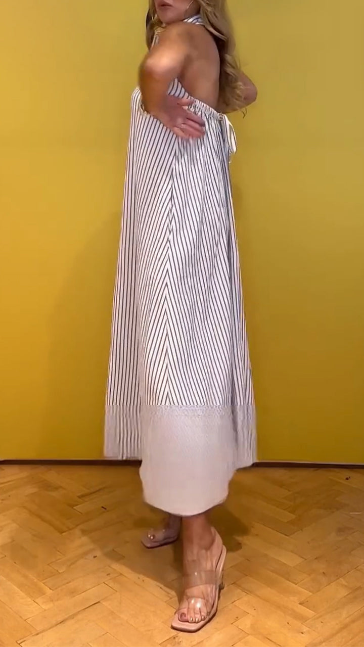 Ladies Collar Vertical Stripe Casual Dress