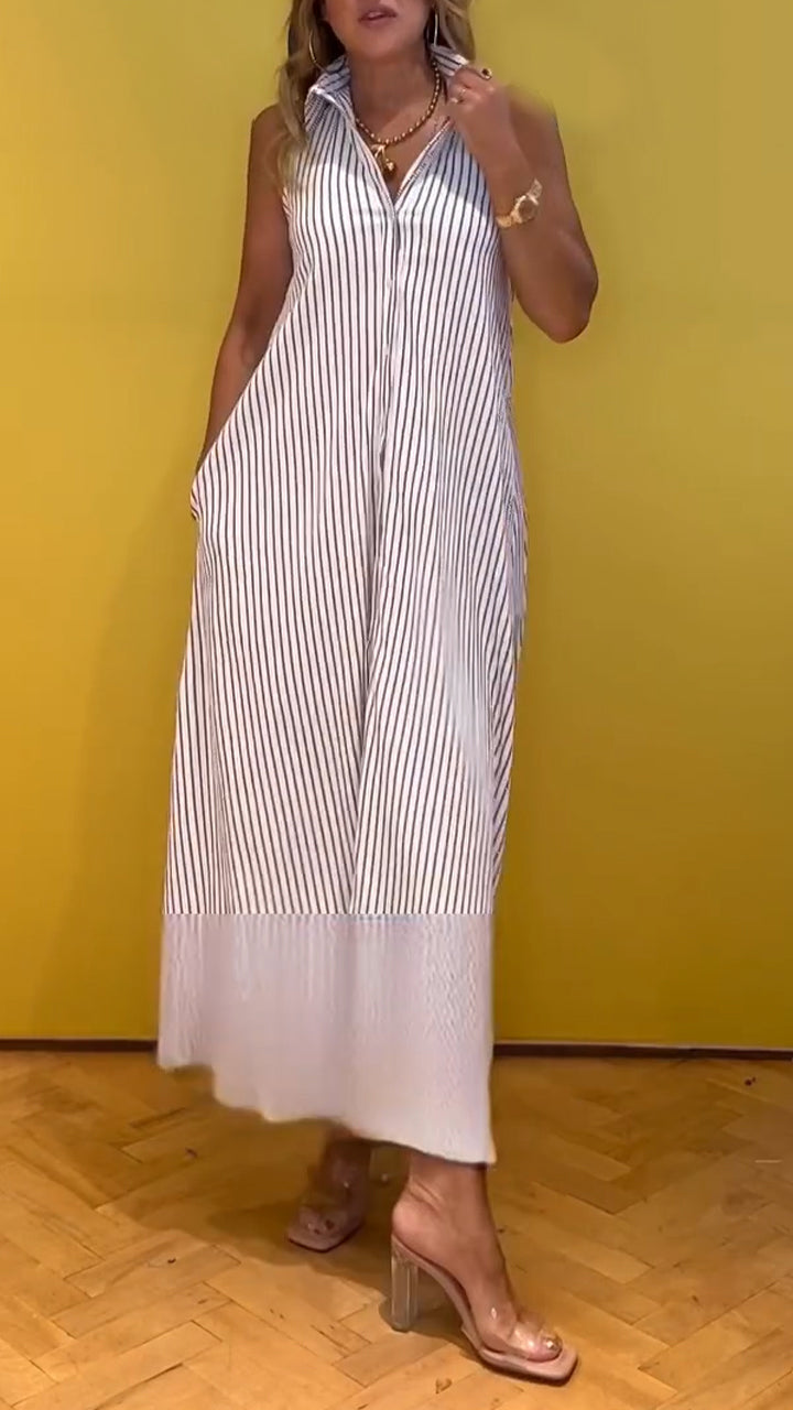 Ladies Collar Vertical Stripe Casual Dress