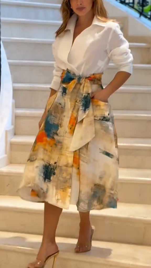 Women Lapel Shirt + Printed Skirt Casual Suit