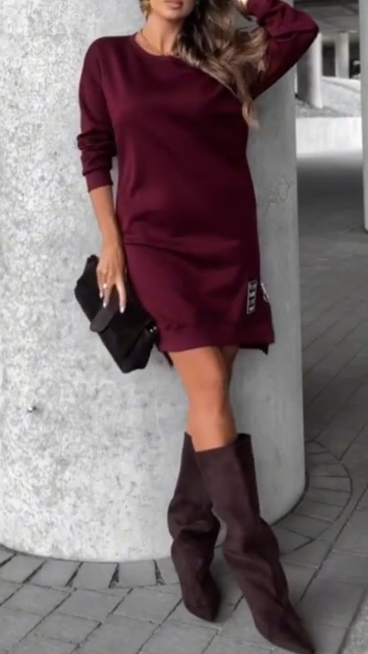 Womens Round Neck Side Zipper Casual Dress