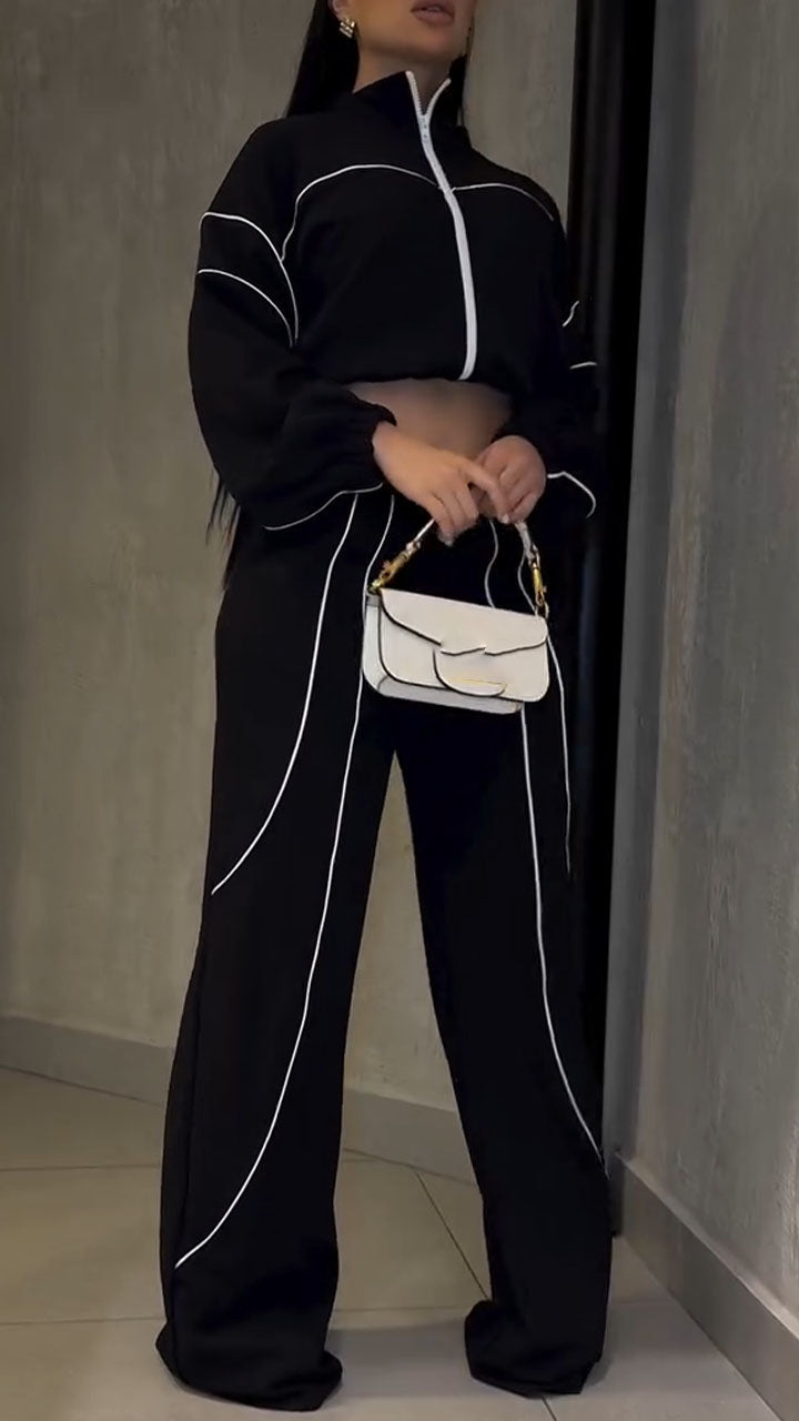 Women Stand Collar Vertical Stripe Jacket+ Pants Casual Suit