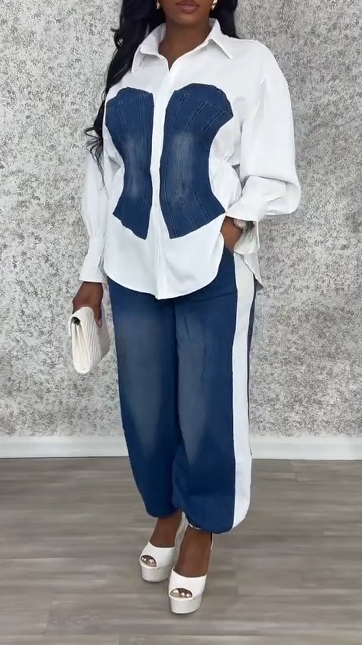 Women Laple Collar Splicing Denim Washing Water Casual Set