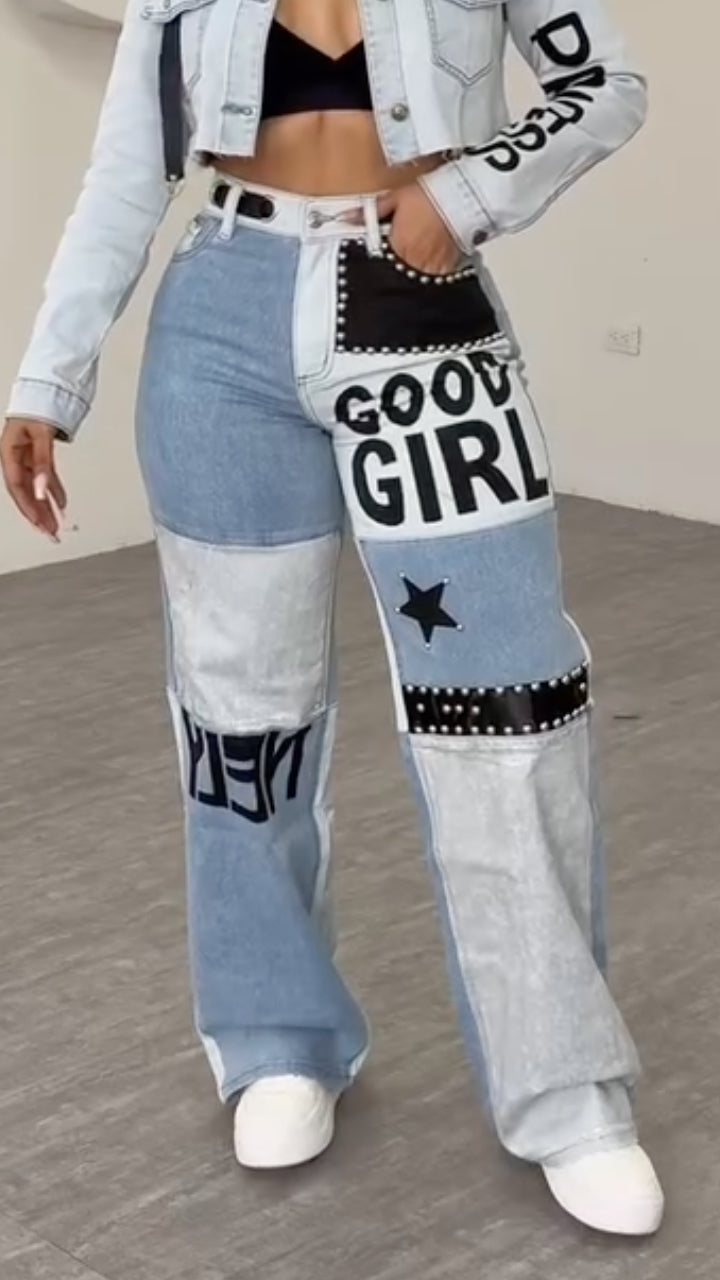 Women Laple Collar Nail Bead Patchwork Printed Letter Casual Denim Suit