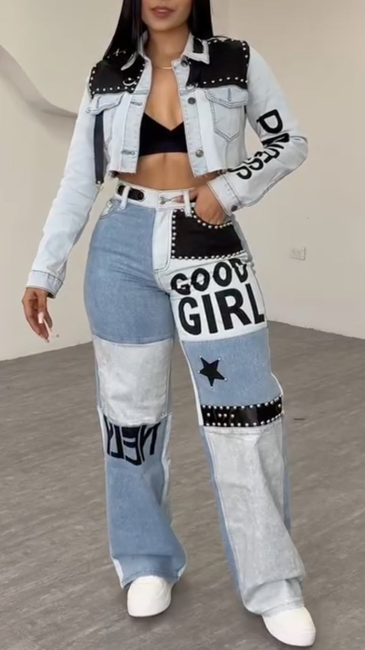 Women Laple Collar Nail Bead Patchwork Printed Letter Casual Denim Suit