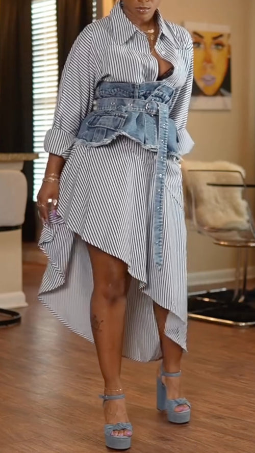 Women Collar Irregular Dress+ Denim Waist Cinching Casual Suit