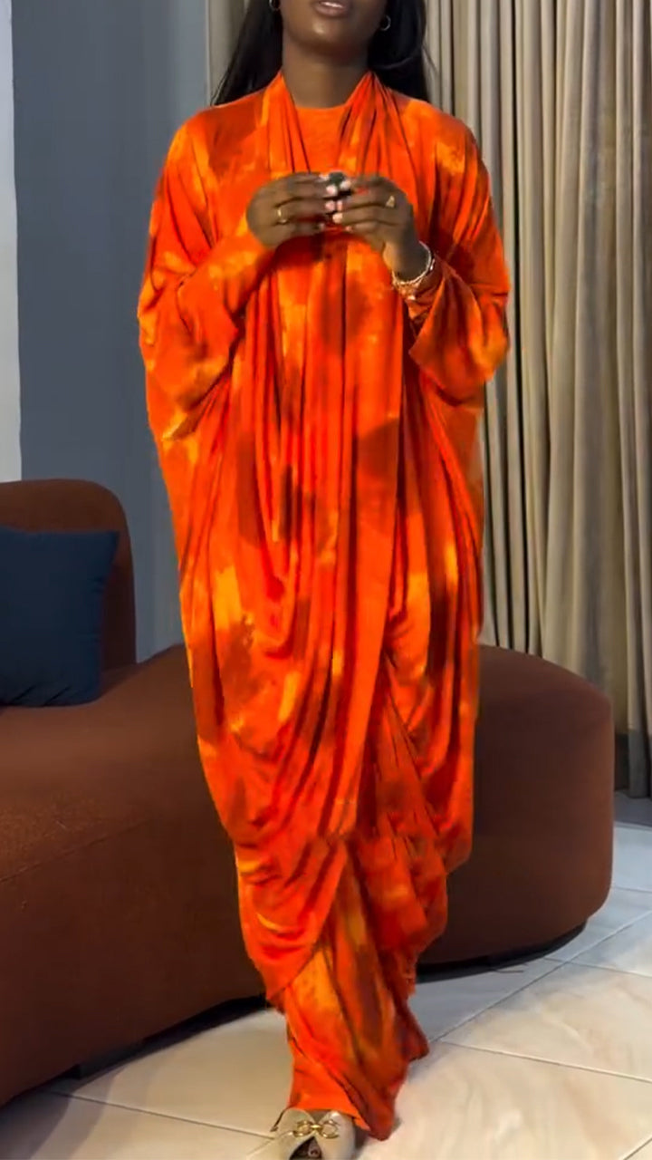 Women Round Neck Tie Dye Dress + Cover-up Casual Set