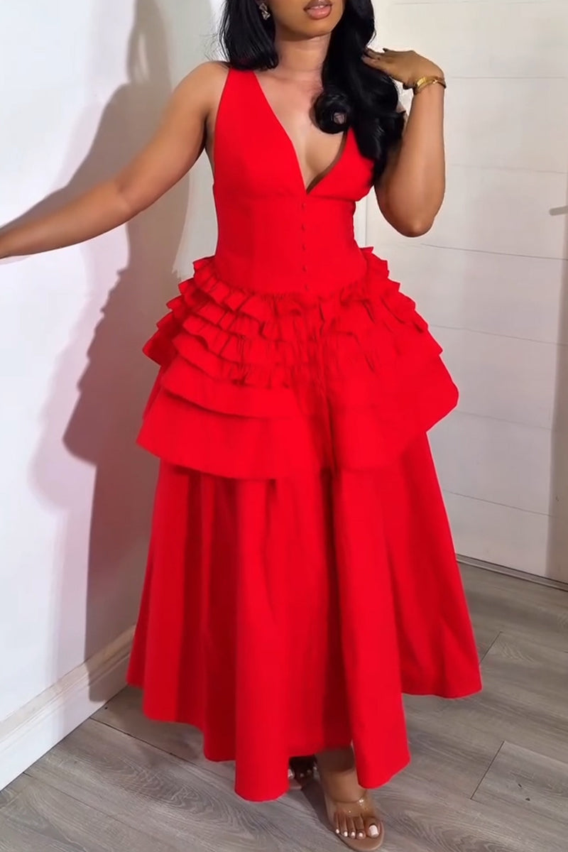 Women's Elegant V Neck Tiered Flounce-Hem Dress