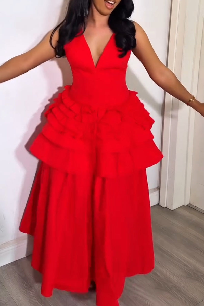 Women's Elegant V Neck Tiered Flounce-Hem Dress