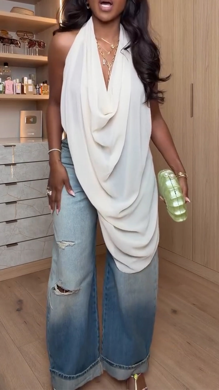 Women Neck Hanging Sleeveless Irregular Top + Washed Ripped Jeans