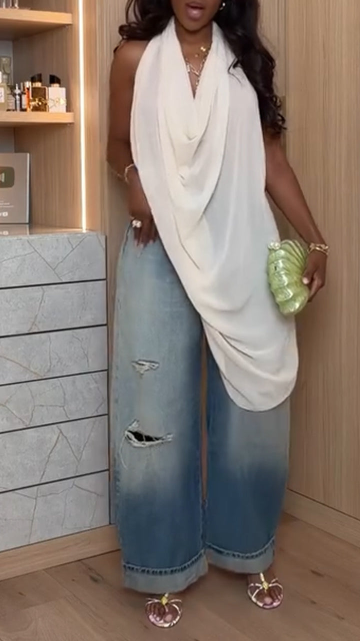 Women Neck Hanging Sleeveless Irregular Top + Washed Ripped Jeans