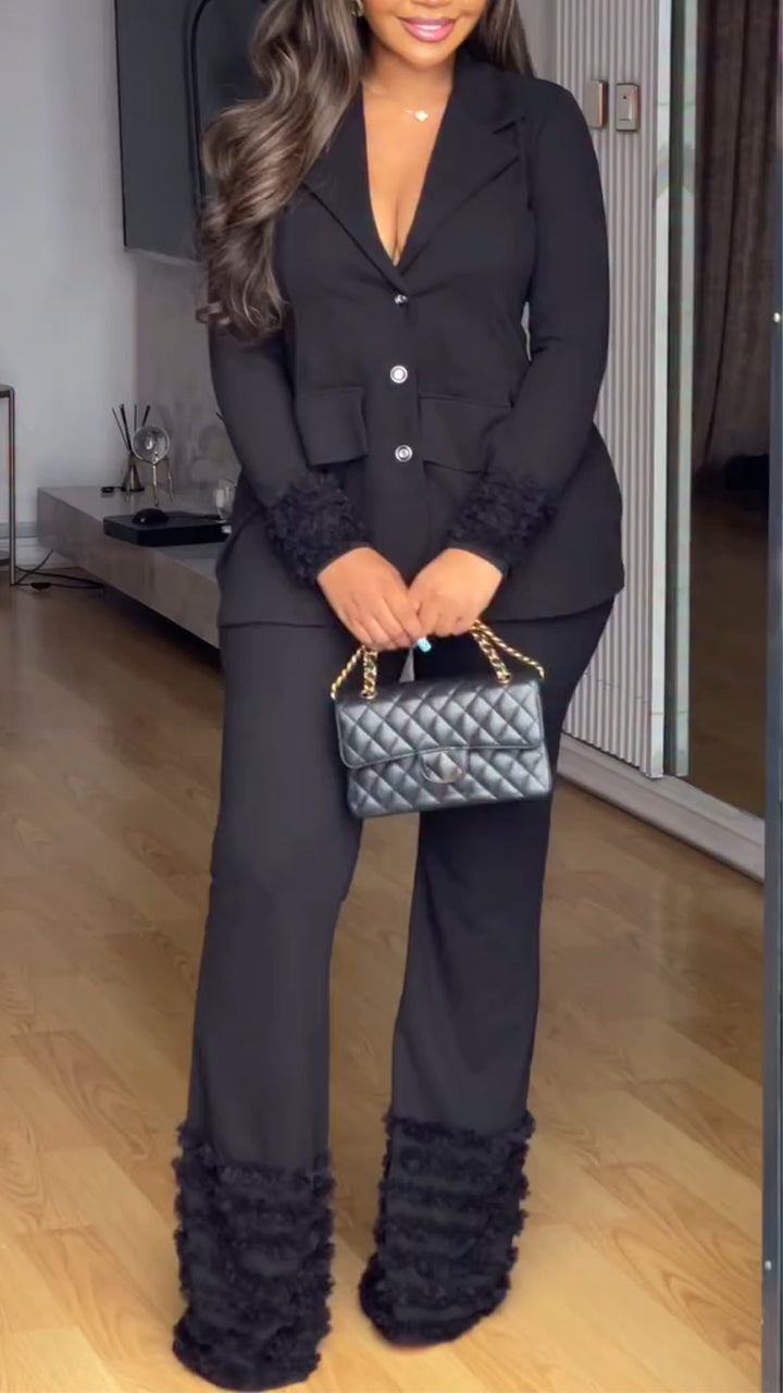 Women Collar and Buckle Splicing Jacket + Pants Temperament Commuting Set