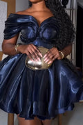 Ladies' Fashionable Heart-Shaped Off Shoulder Sleeveless Metal Satin A-Line Party Back To School Dress