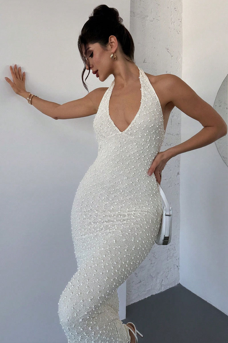 Women French Elegant Halter Neck Bodycon Maxi Dress
