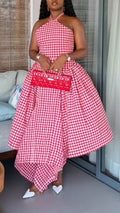 Women Neck Cinched Waist Plaid Print Irregular Elegant Casual Dress