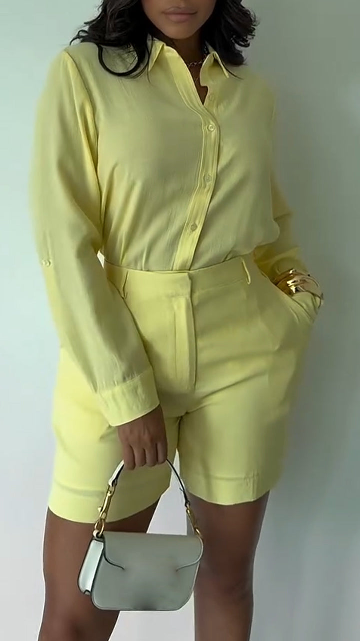Womens Collar Shirt + Shorts Solid Color Casual Set