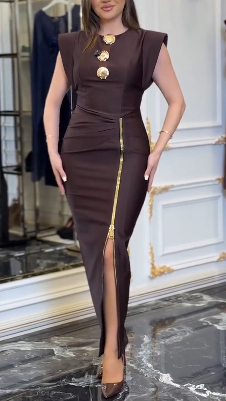 Womens Round Neck Zipper Slit Design Elegant Temperament Dress