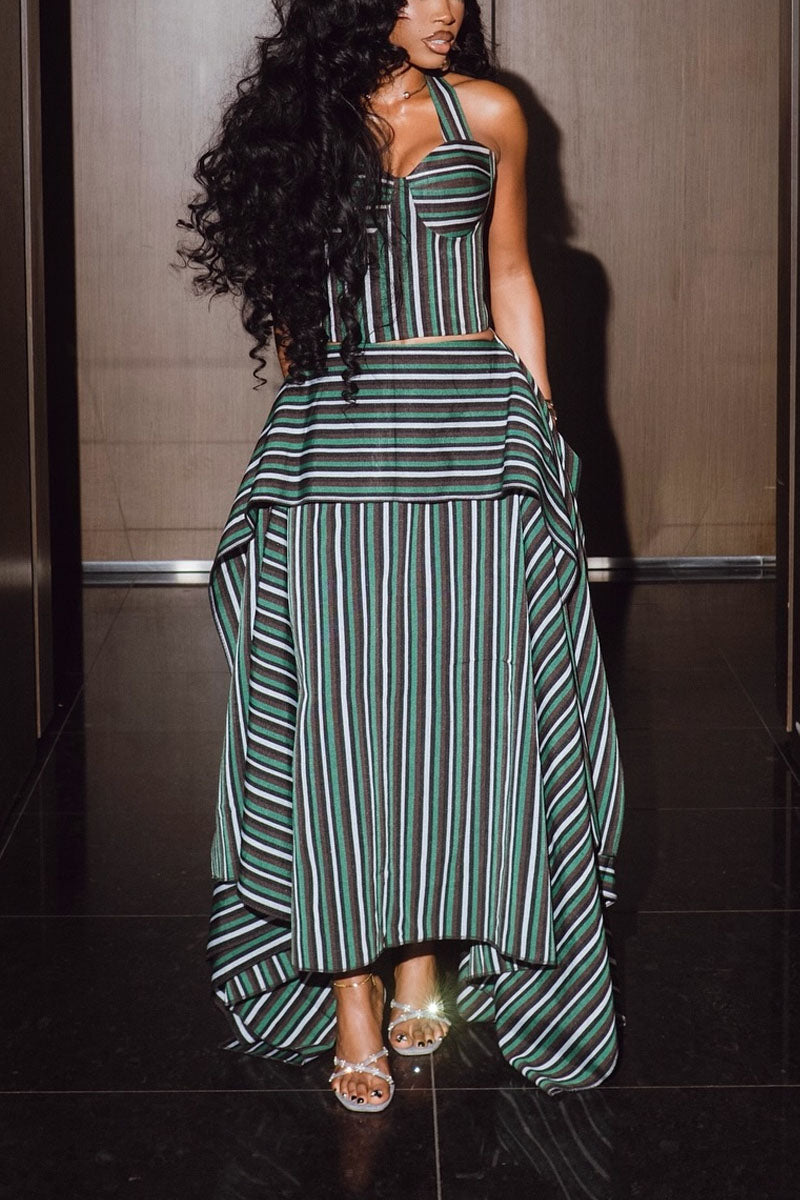 Women's Vintage Striped Halter Neck Asymmetric Maxi Dress