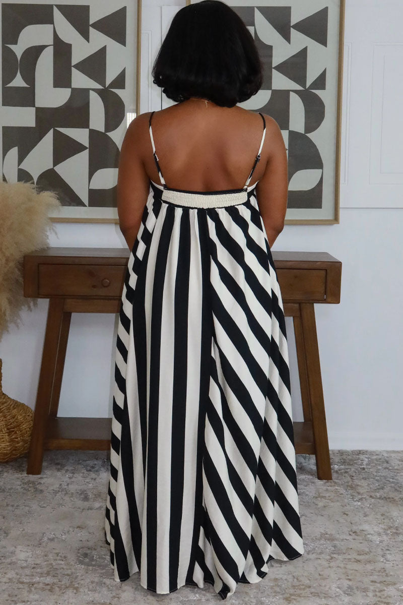 Casual Vacation Style Color Block Striped Loose Fit Maxi Dress