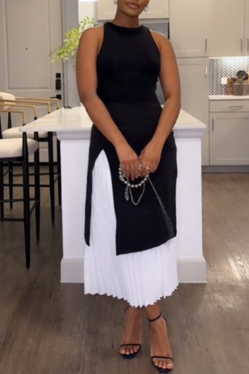 Women Round Neck Sleeveless Patchwork Pleated Elegant Temperament Midi Dresses