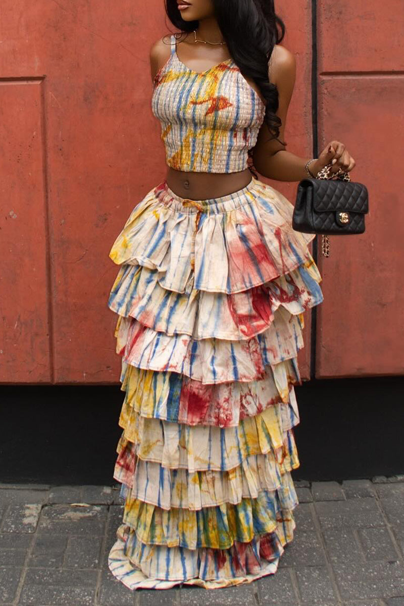 Women's Tie-Dye Spaghetti Strap Crop Top Or Layered Ruffle Skirt